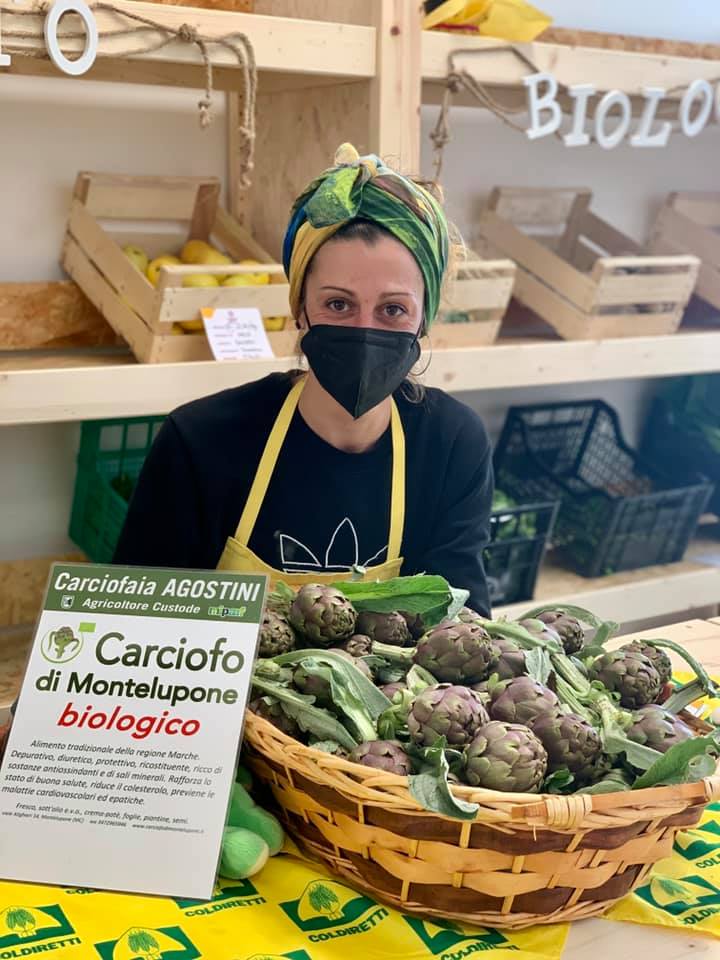 Banco di vendita del carciofo di Montelupone biologico al mercato di campagna amica